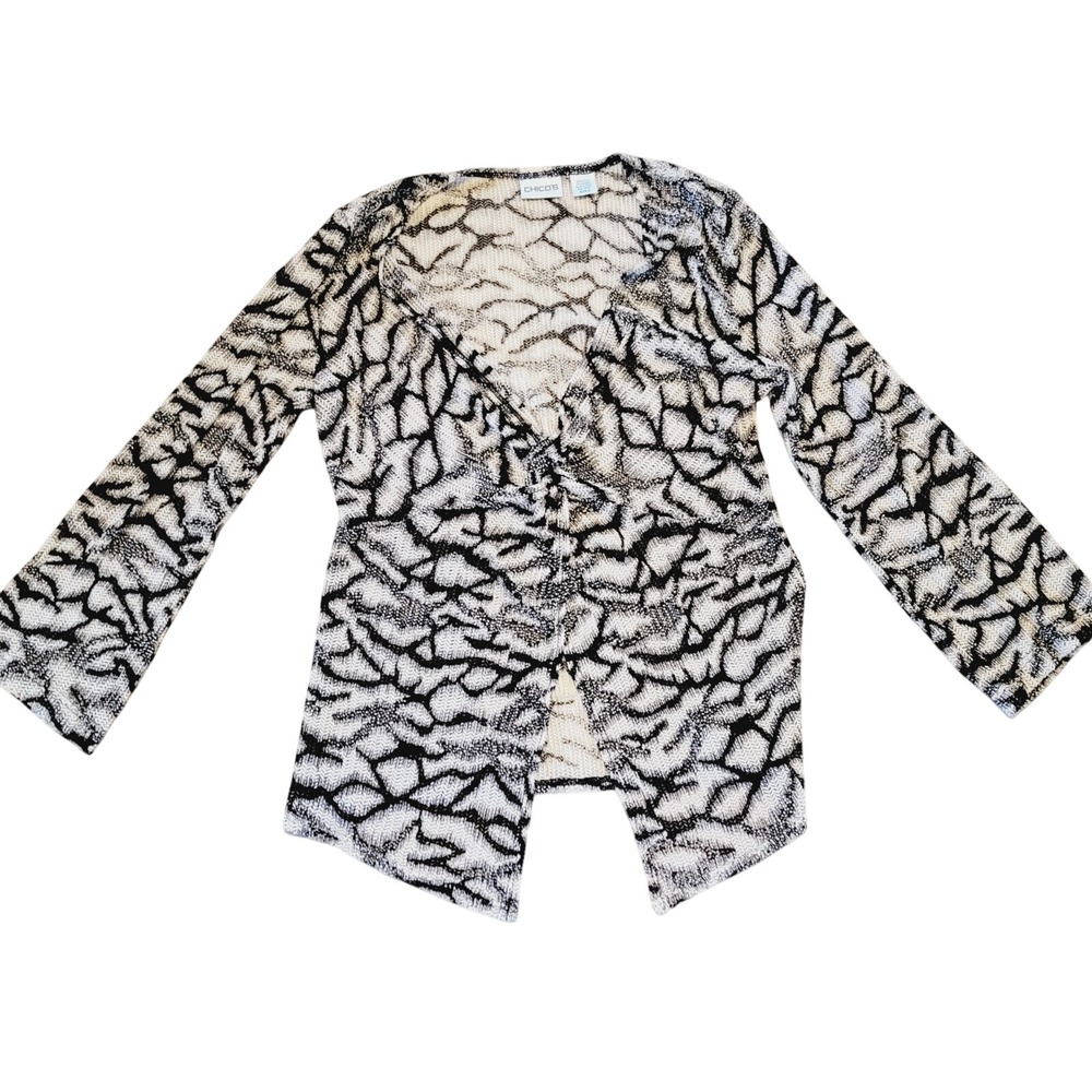 Chico's 2 Front Knot‎ Sweater Top Low Cut Open Knit B/W L/S Stretch